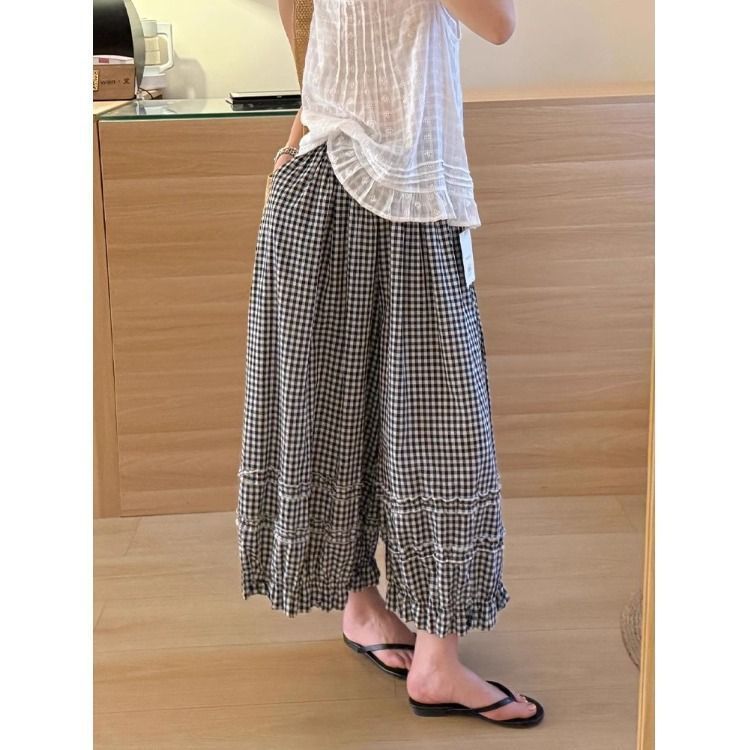 木耳花边阔腿裤女新款松紧腰裤女2025休闲纯色灯笼裤女夏季新款
