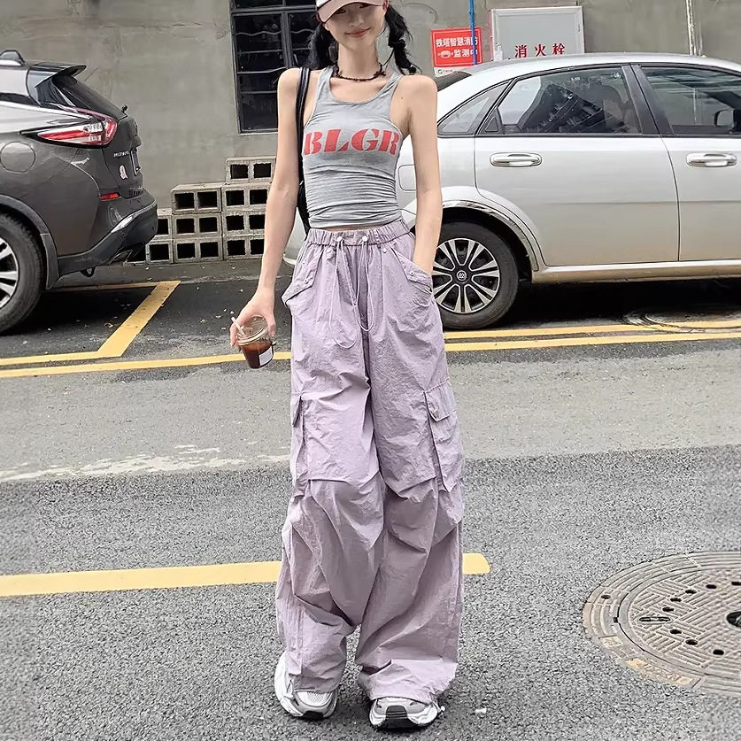 2026夏季美式街头风褶皱裤阔腿裤休闲裤宽松长裤薄款束脚工装裤女
