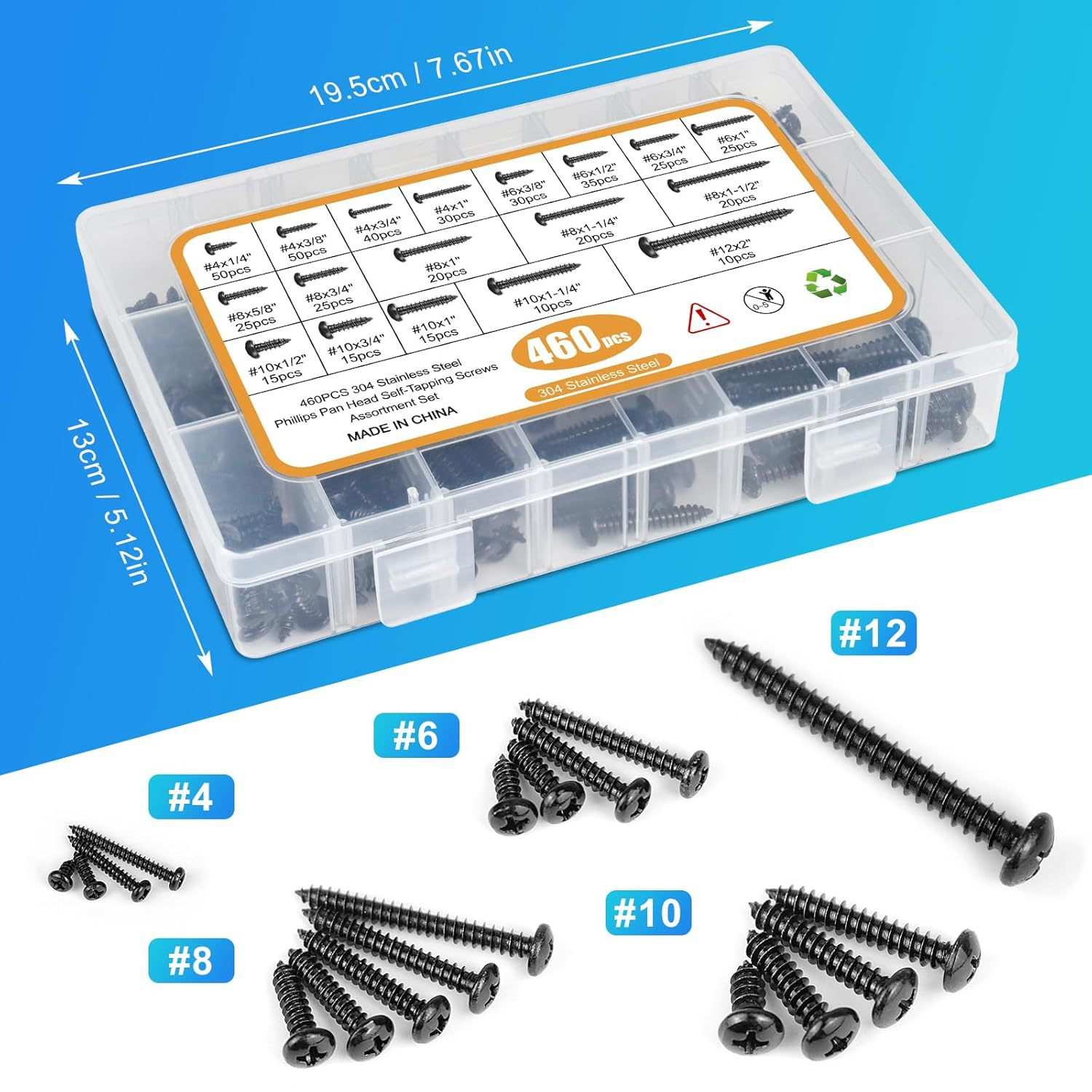 460pcs黑锌十字盘头自攻木螺丝套装4#6#8#10十字圆头螺丝自攻螺丝