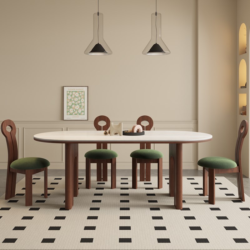 实木法式复古餐桌白蜡木餐桌高级C感洞石岩板胡桃色餐桌家用椭圆