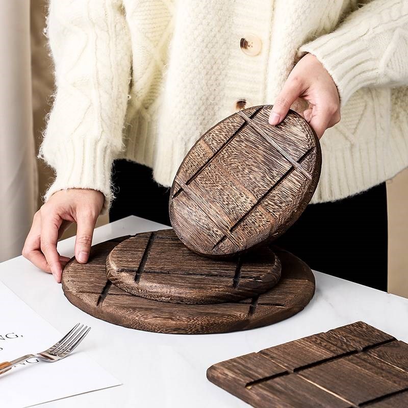 北欧实木隔热垫餐垫杯垫碗盘垫日式D黑胡桃木榉木耐热梅花圆形锅