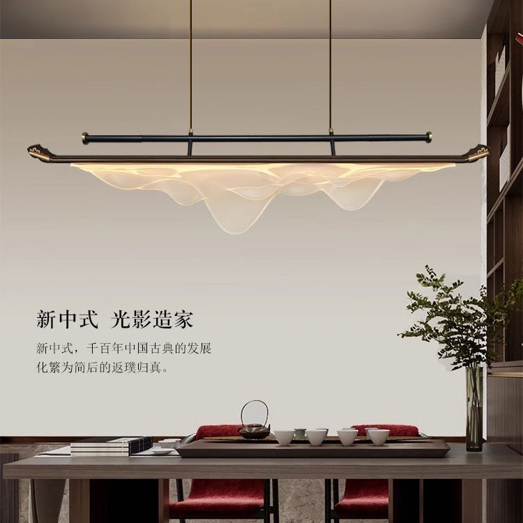 茶室全铜吊灯书房创意吧台超长条禅意新中式胡桃木茶桌灯具