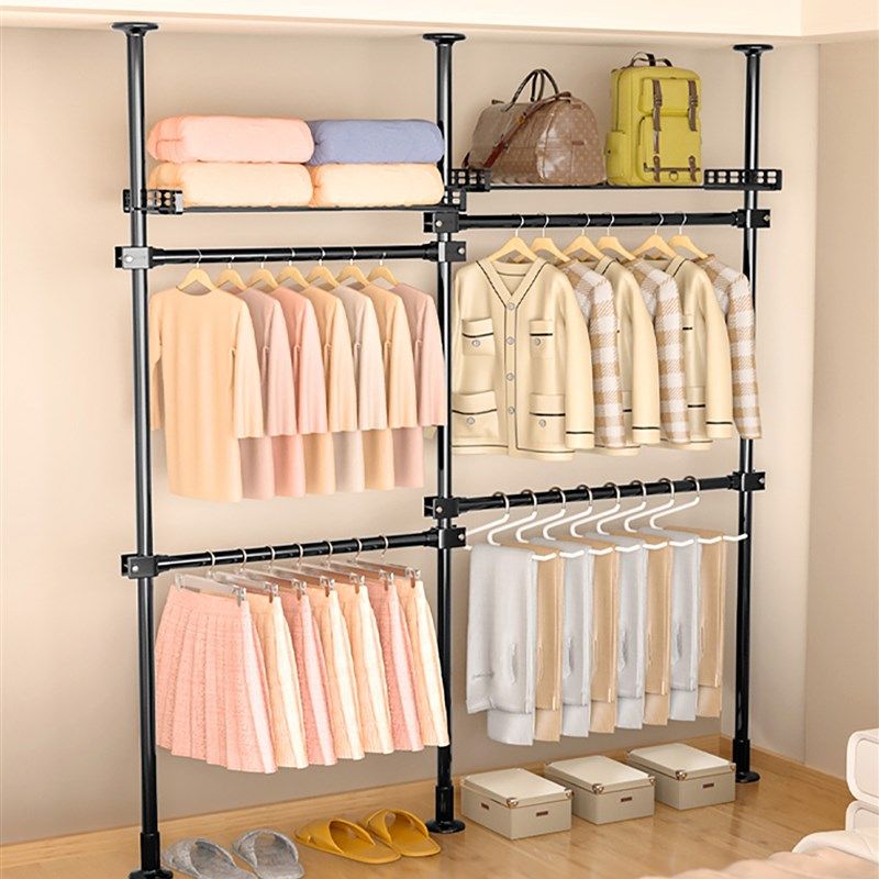 顶天立地置衣架简易衣帽间金属衣橱防尘帘衣柜卧室阳台晾晒挂衣架