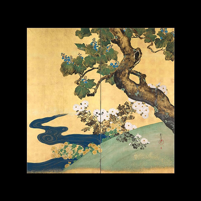 酒井抱桐菊流水图日式家居装饰画中古茶楼挂画新中式书房背景墙画图片