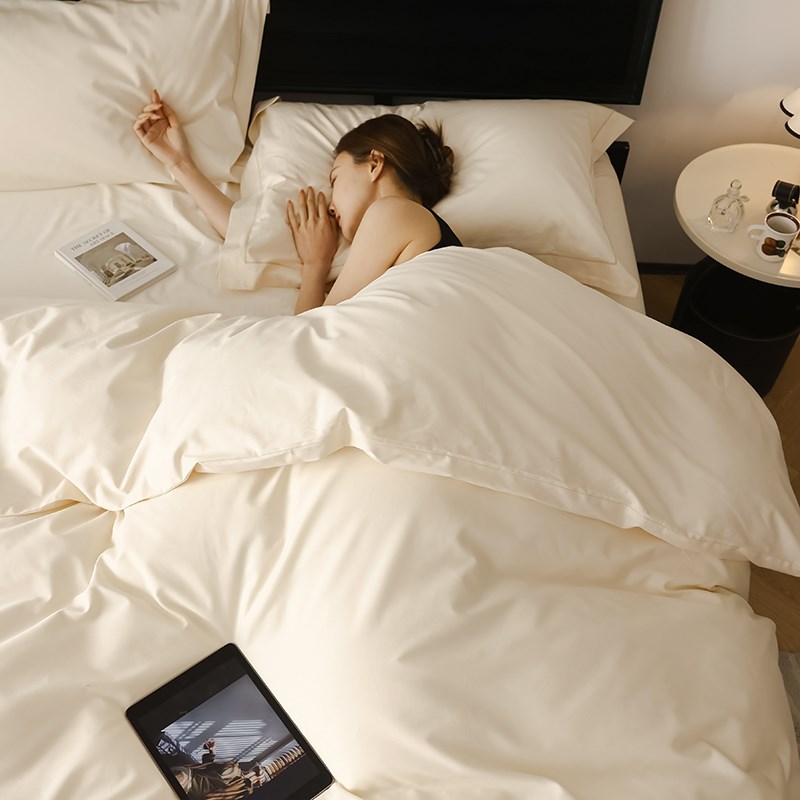 A类简约酒店民宿风温柔奶杏色100支水洗长绒棉四件套纯棉裸睡床品