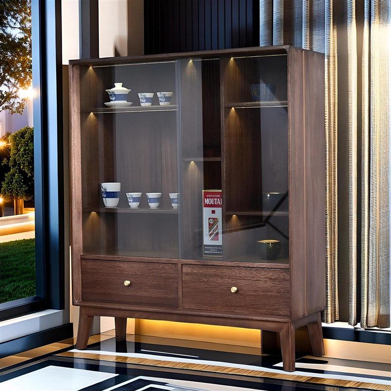 博源侘寂风博古架茶室玻璃门柜子总裁办公书柜收纳简约实木置物架,住宅家具,组合书柜,淘宝优惠券,粉丝福利购,淘宝优惠卷
