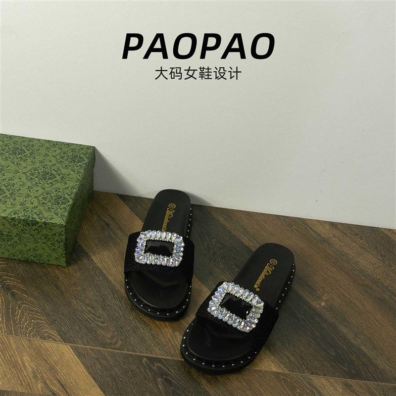 大码女鞋41到43一字厚底拖鞋外穿2025夏季新款百搭水钻方扣凉拖,女鞋,一字拖,淘宝优惠券,粉丝福利购,淘宝优惠卷