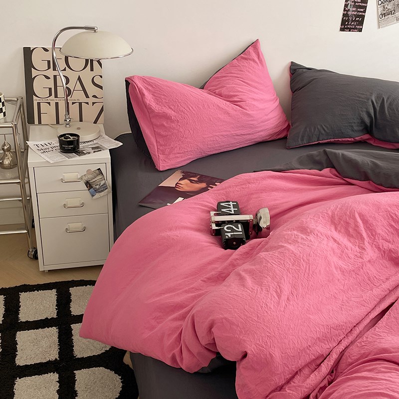 柔糯少女心玫红配灰床上用品四件套床单被套宿舍单人三件套水洗棉