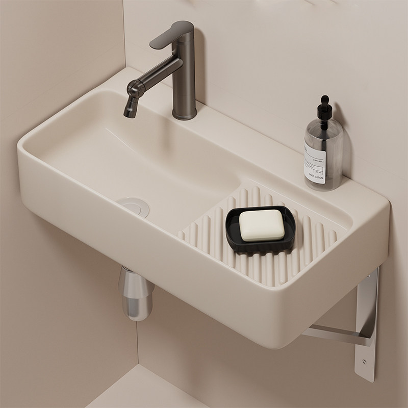 小户型加长窄边挂墙式陶瓷洗手盆奶油风洗脸盆阳台洗衣盆简易挂盆