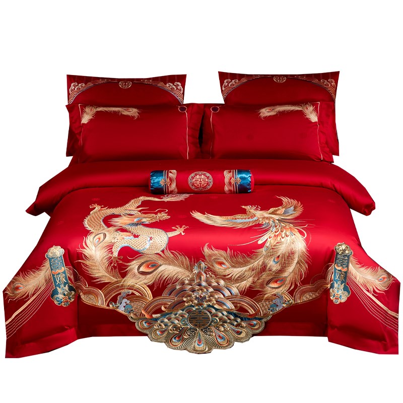 中式婚礼龙凤婚房四件套100S长绒棉重工刺绣大红色结婚被套床单