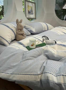 ins风简约蓝色条纹A版提花B版水洗棉四件套1.5m1.8米纯棉床单被套