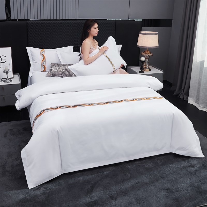 床上四件套床单被套酒店专用床品套件镶线刺绣民宿旅社白色三件套