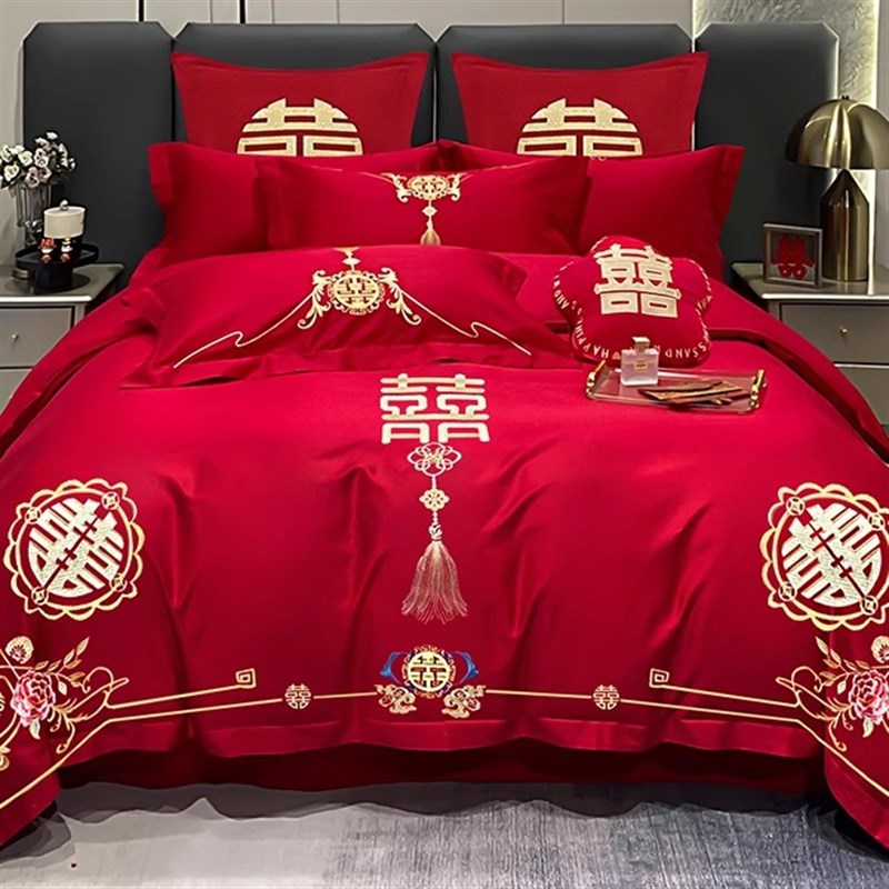 婚庆四件组婚嫁新婚床品刺绣被套红色结婚礼婚房婚床喜庆中式套件