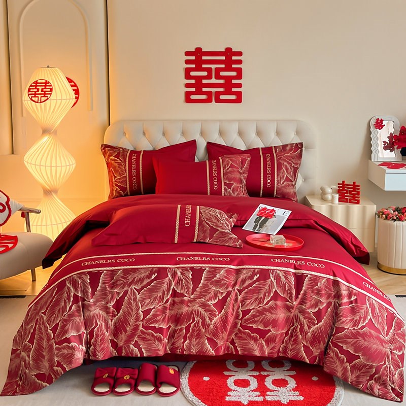 高档中式结婚四件套大红色新婚被套纯棉婚庆婚嫁床单喜被床上用品