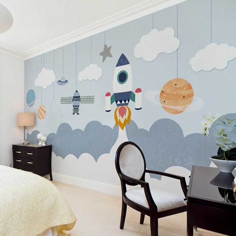 新款定制壁画简约卡通太空墙纸壁布男孩儿童房墙布卧室背景墙壁纸