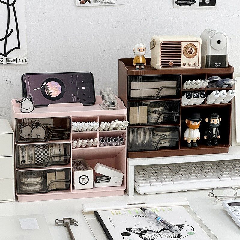 办公室斜插式笔筒桌面多功能抽屉收纳盒学生书桌高级感文具置物架