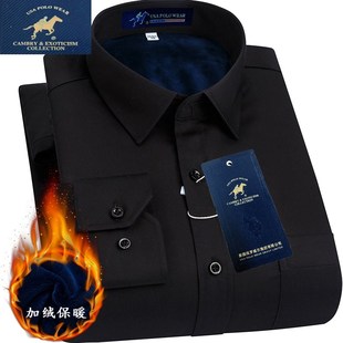 商务全棉男士 冬季 加厚加绒中年纯黑色衬衣 免烫保暖衬衫 男长袖