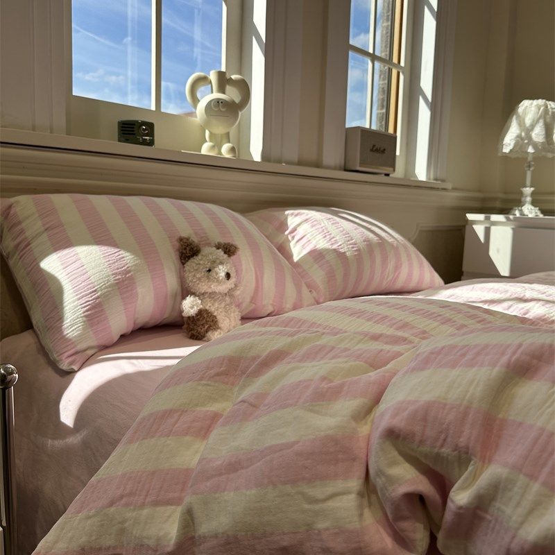 少女色织双层皱皱纱桃粉条纹四件套全棉1.5m1.8米公寓被套三件套