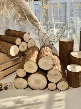 壁炉装饰木材原木小木桩实木带皮摆件道具木柴P围栏栅栏木头圆木