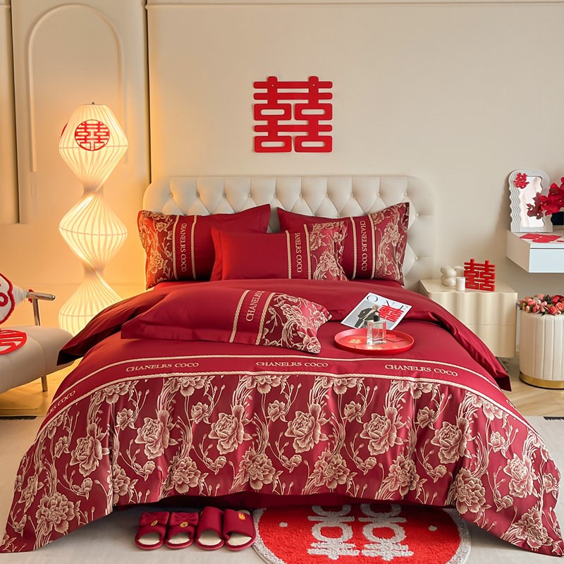 高档大红色婚庆四件套新婚床单被套纯棉备婚喜被结婚床上用品婚房
