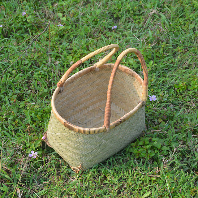 竹编手提菜篮手工环保收纳篮子藤编织水果竹筐家用厨房购物篮