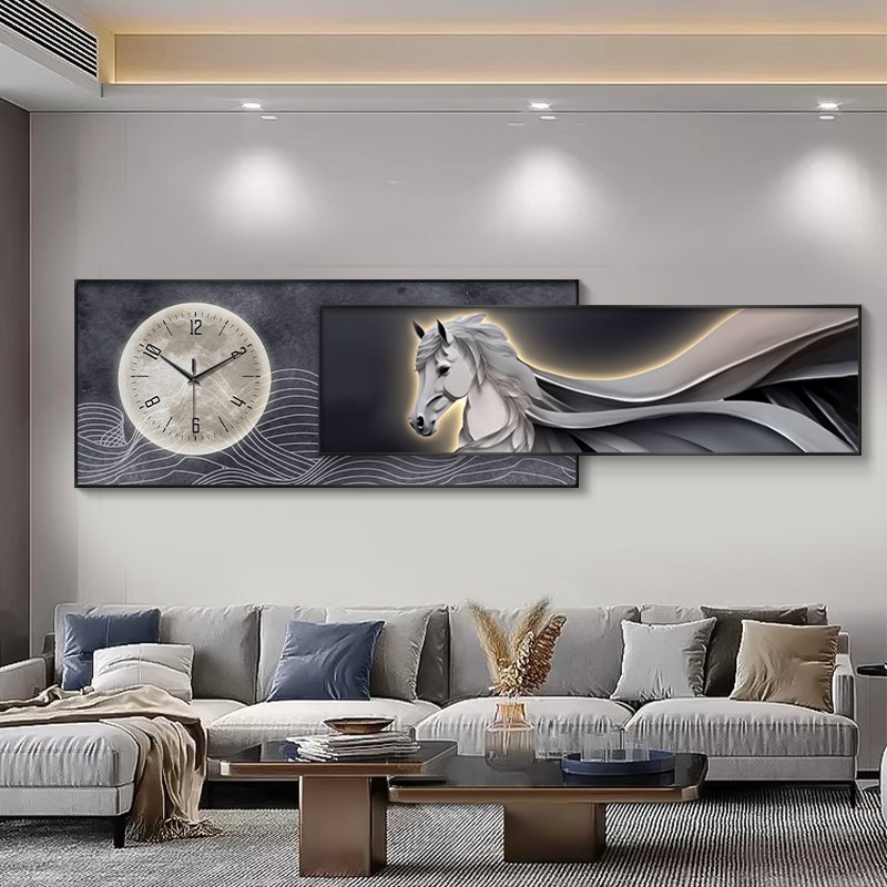 一马平川客厅装饰画带钟表led灯画沙发背景墙挂画办公室挂钟壁画
