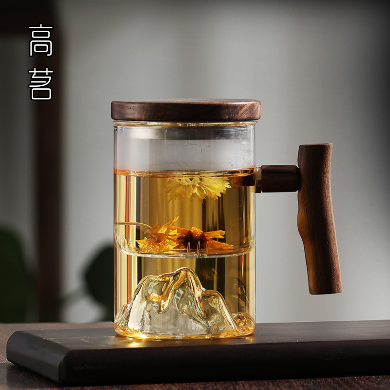 个人泡茶杯茶水分离男士带把喝茶水H杯玻璃日式观山茶道杯子