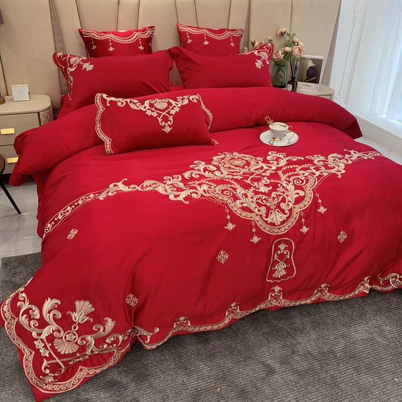 奢华欧式刺绣婚庆四件套大红色床单被套全棉结婚床上用品