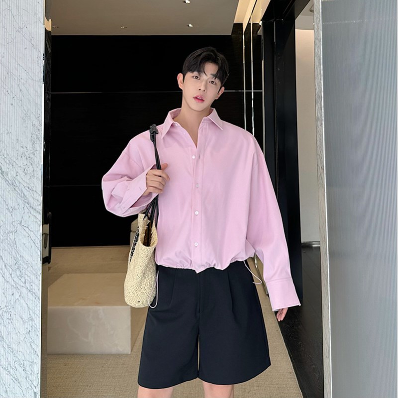 2024ss设计感白色衬衣男女韩版纯色下摆抽绳短款气质长袖衬衫网红