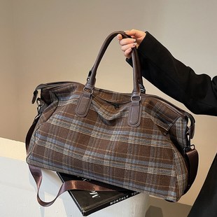 短途手提旅行包女大容量2025新款出差行李包方格呢子布单肩通勤包