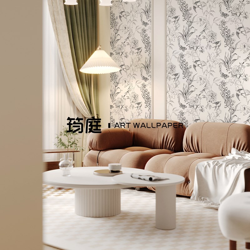 法式线描壁纸燕子沙发电视背景墙布定制壁画卧室壁布餐厅客厅墙纸