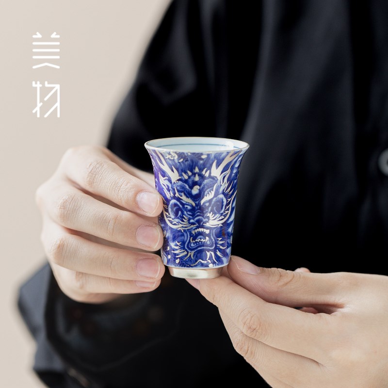 何赋森手作蓝龙客杯陶瓷茶具2024鎏银茶杯四方杯盖碗壶承提梁壶