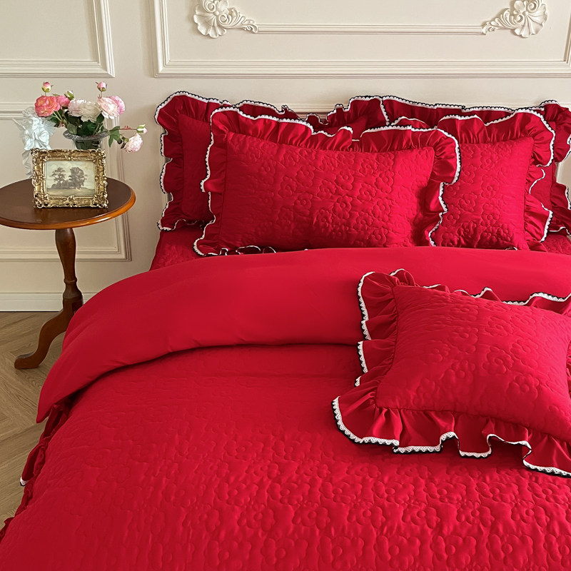 结婚季大红色喜庆绗缝床裙床盖式四件套荷叶花边双人婚房水洗棉被