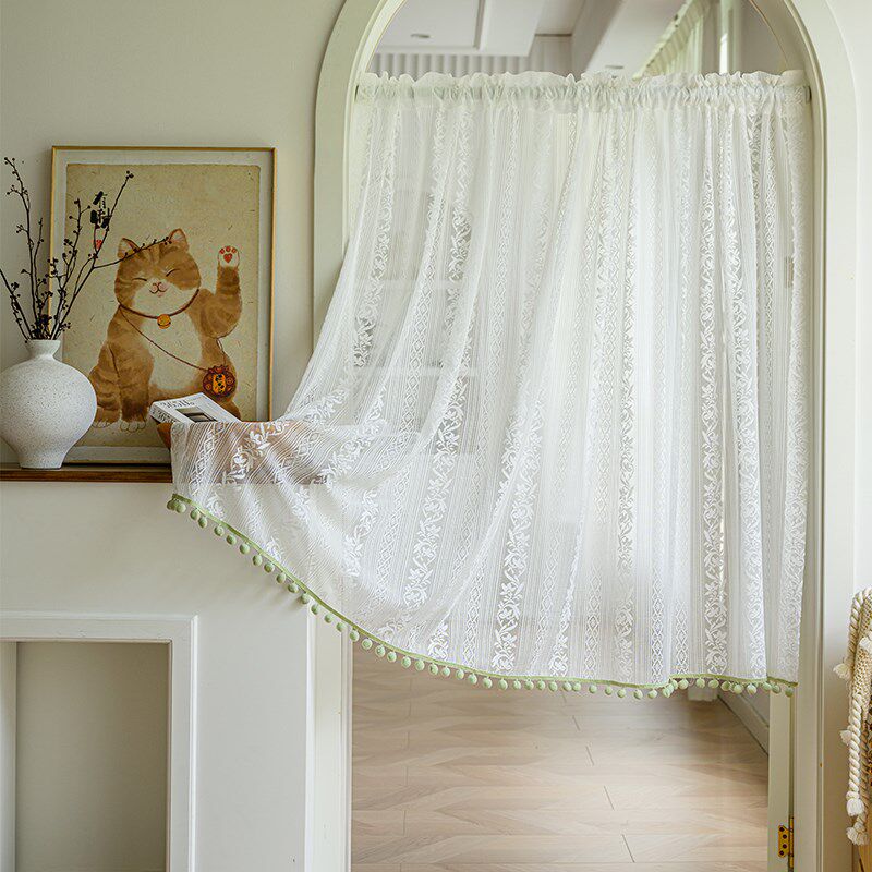 门帘隔断帘房间蕾丝纱帘免打孔伸C缩杆法式田园厨房卫生间半截短