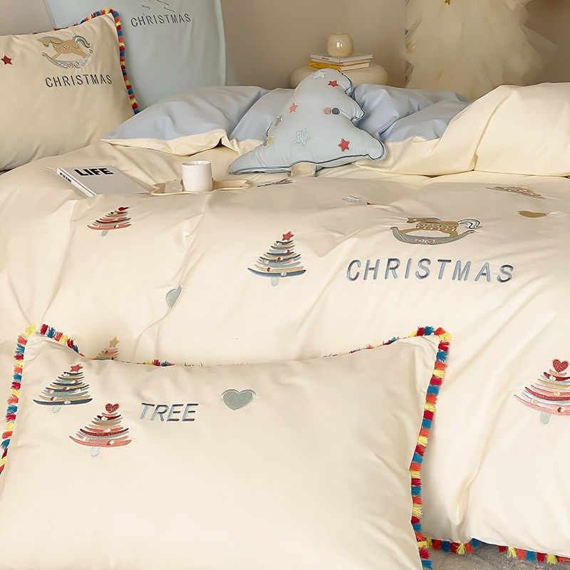 少女心卡通风全棉水洗棉四件套纯棉可爱木马刺绣被套床上用品1.8