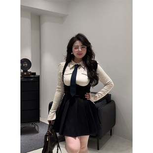 大小姐微胖大码百搭黑色束腰背带裙女洋气减龄收腰显瘦A字百褶裙