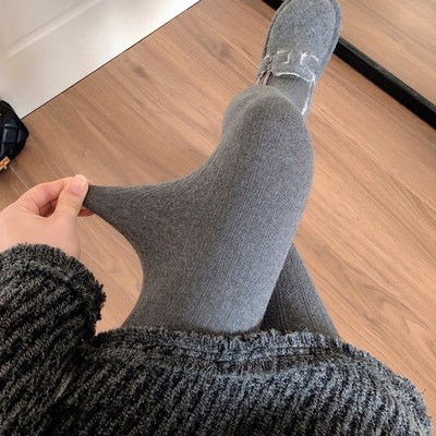 烟灰色连裤袜女秋冬季加厚加绒米白色保暖打底裤麻花纹咖色踩脚袜