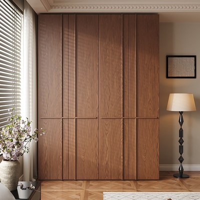 定制实木衣柜中古风骨骼线一门到顶家用卧室衣帽间四门大衣橱柜子