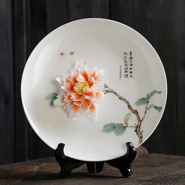 手捏牡丹花摆件陶瓷花朵手绘挂盘酒柜电视柜装饰品客厅工艺品礼品