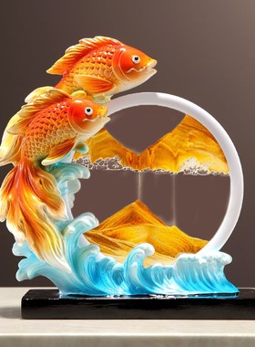 新中式年年有余金鱼摆件客厅玄关电视柜流沙画装S饰工艺品乔迁礼