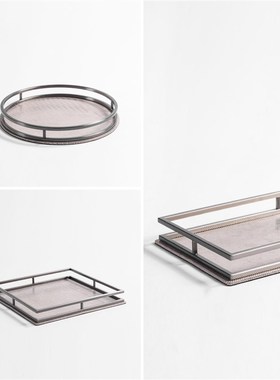 现代简约米色高端l皮质圆形方形托盘样板房售楼处酒店茶几软装饰