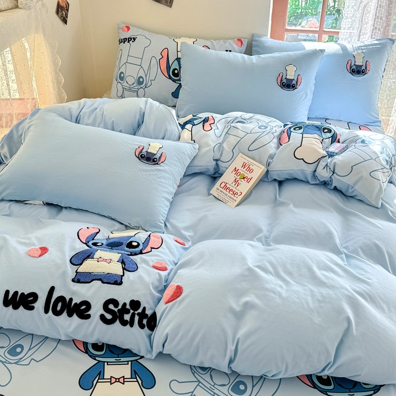 卡通史迪仔床单四件套学生宿舍被单三件水洗棉P可爱毛巾绣被罩床