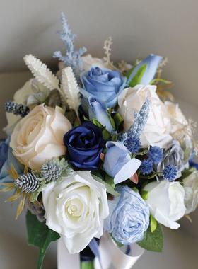 韩D5124式仿真玫海蓝色新纱娘瑰伴娘结婚手捧花婚拍摄道具花束