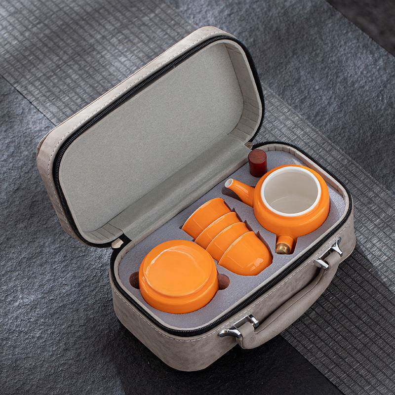 陶瓷旅行整便携包快客杯壶四杯茶叶罐套夫功茶具套装DDP一礼品