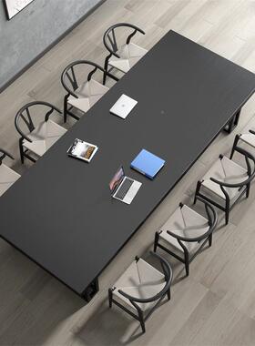 黑色454000大实木会议型桌长桌代职办公电现脑桌简员约长方形会议