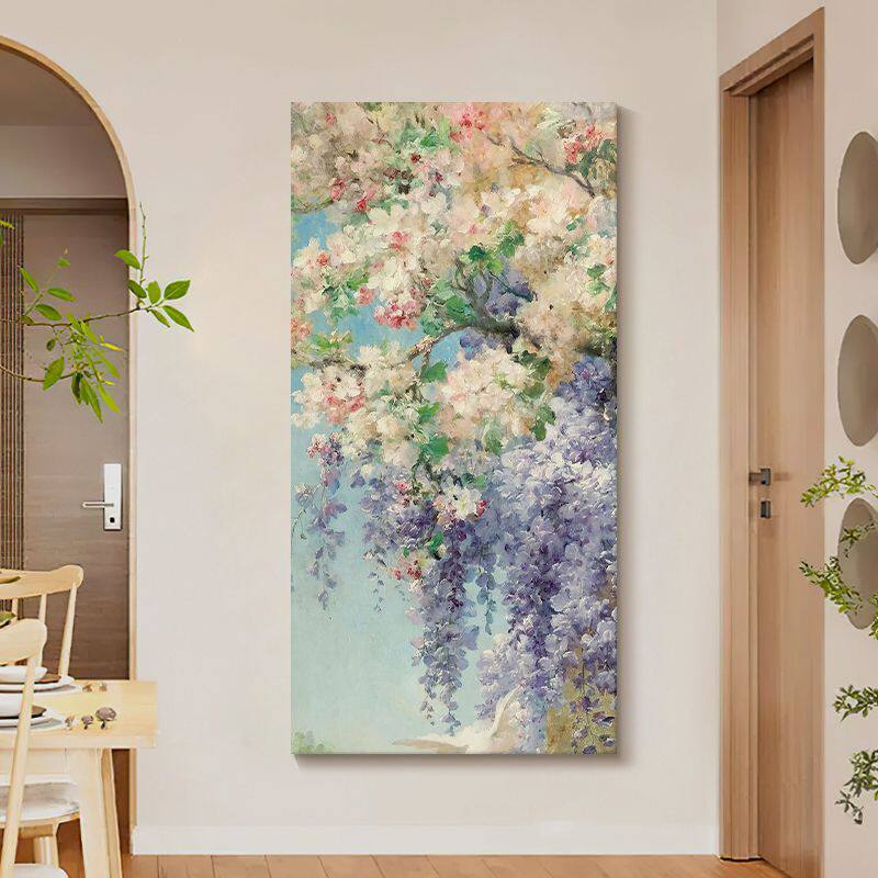 紫藤花奶油风手绘油画玄关装饰画客厅抽象紫色肌理画紫气东来挂画