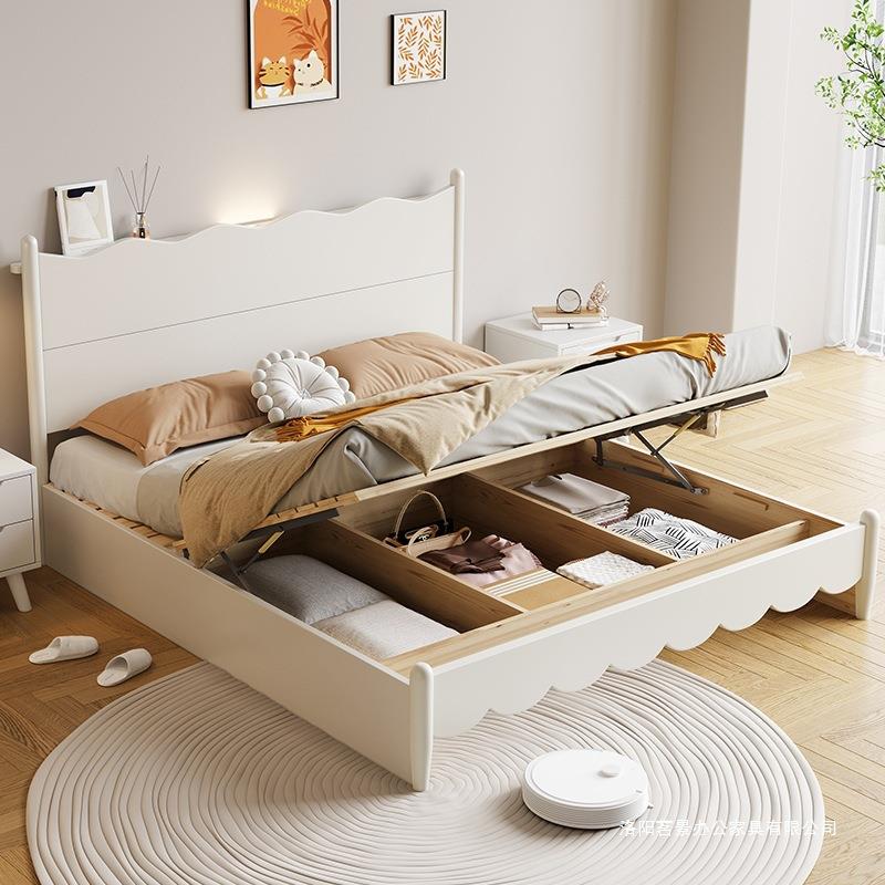 奶油风白双色全实木现代简约主卧.床米人床.K63#床卧室带储物床