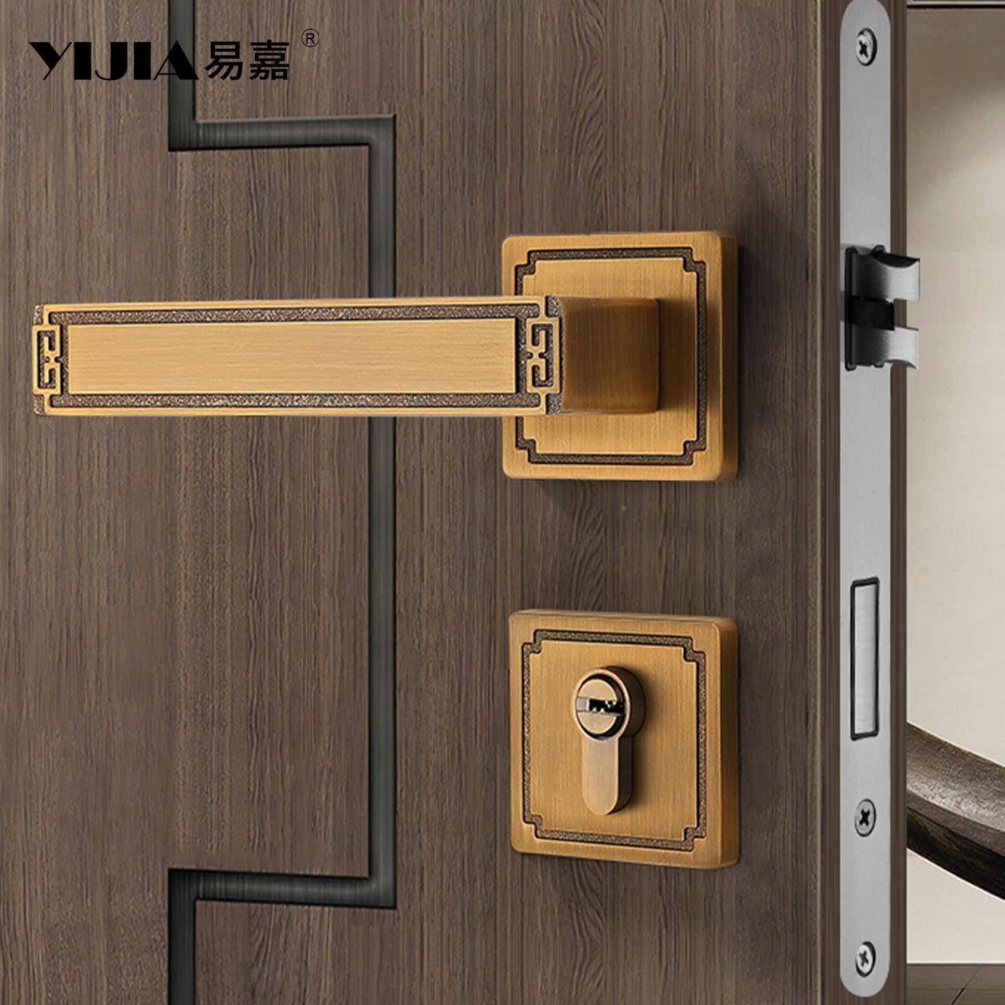 复古式黄古中铜锁室内门家用房间门卧室门锁分磁体吸58F82/72静音