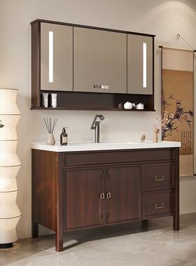 新单中式现代落地式卫生间771洗漱台室柜组镜合一体盆复橡古灰色