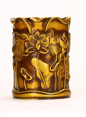 直供雕古370古玩铜笔筒刻荷花荷叶制创意摆件铜工仿艺品家居办公